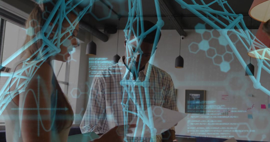 Coworkers Reviewing Documents with Augmented Reality Graphics Overlay