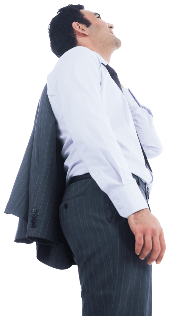 Transparent Happy Businessman Looking Up with Jacket Over Shoulder