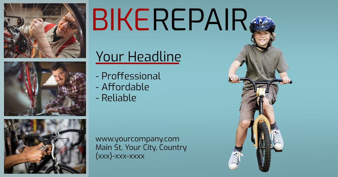 Professional Bicycle Repair Service Advertising Template with Smiling Child