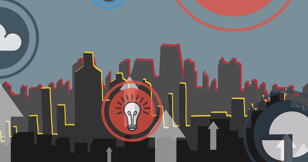 Futuristic Urban Scene with Technology Interfaces and Arrows