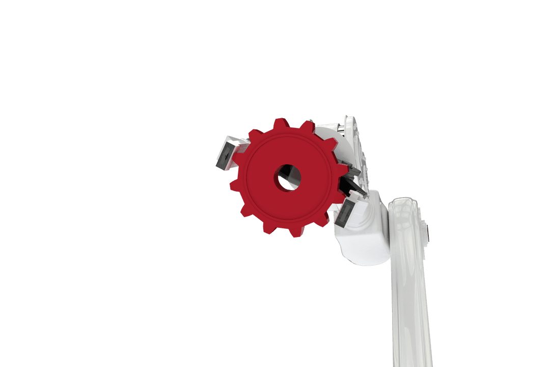 Transparent Robotic Arm Clutching Red Gear on White