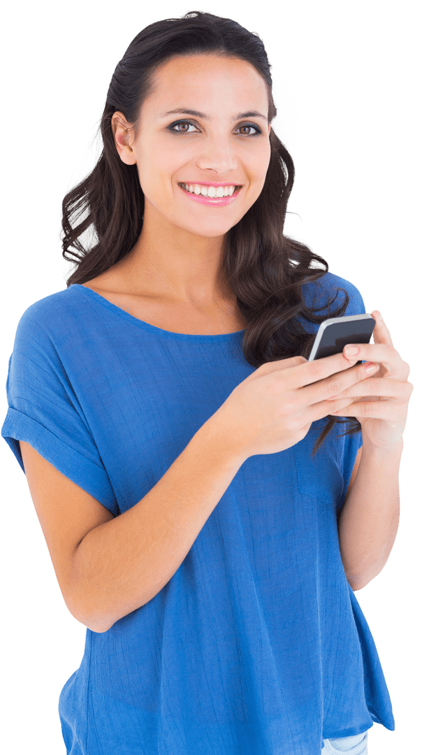 Smiling Brunette Texting on Smartphone with Transparent Background