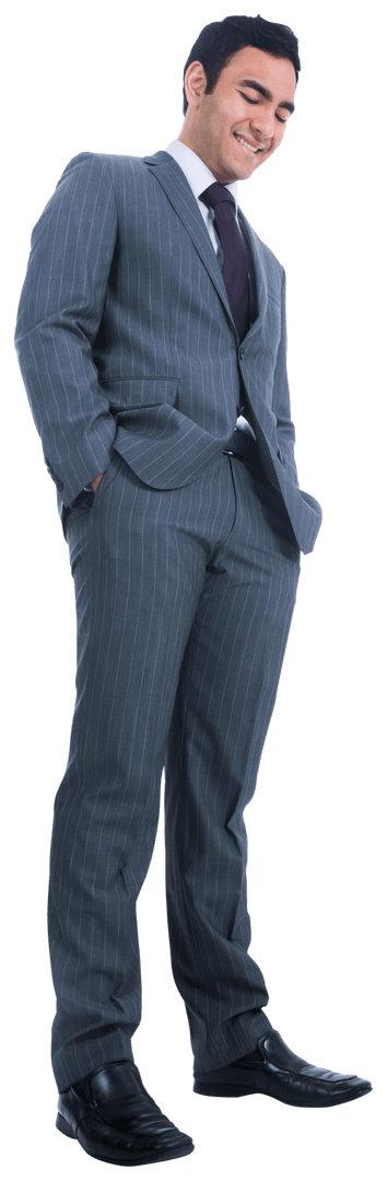 Smiling Businessman in Gray Pinstripe Suit on Transparent Background