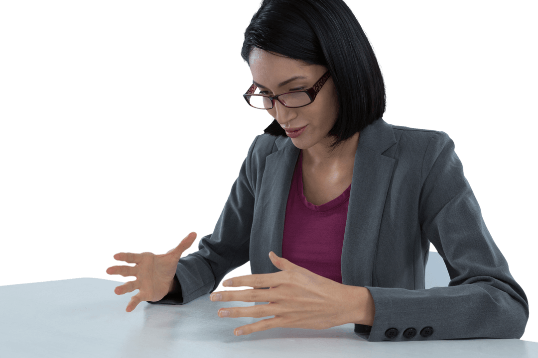 Transparent Object Display by Businesswoman at Desk