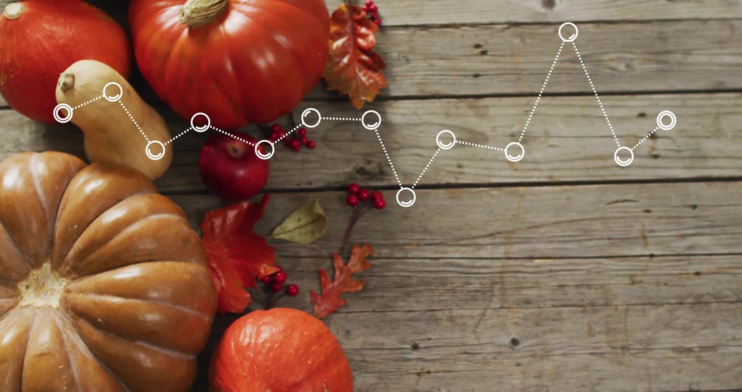 Blending autumn harvest pumpkins with dotted data line overlay on rustic wood plank