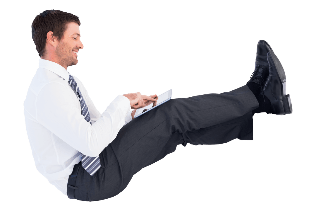 Confident Caucasian Businessman Sitting with Tablet on Transparent Background