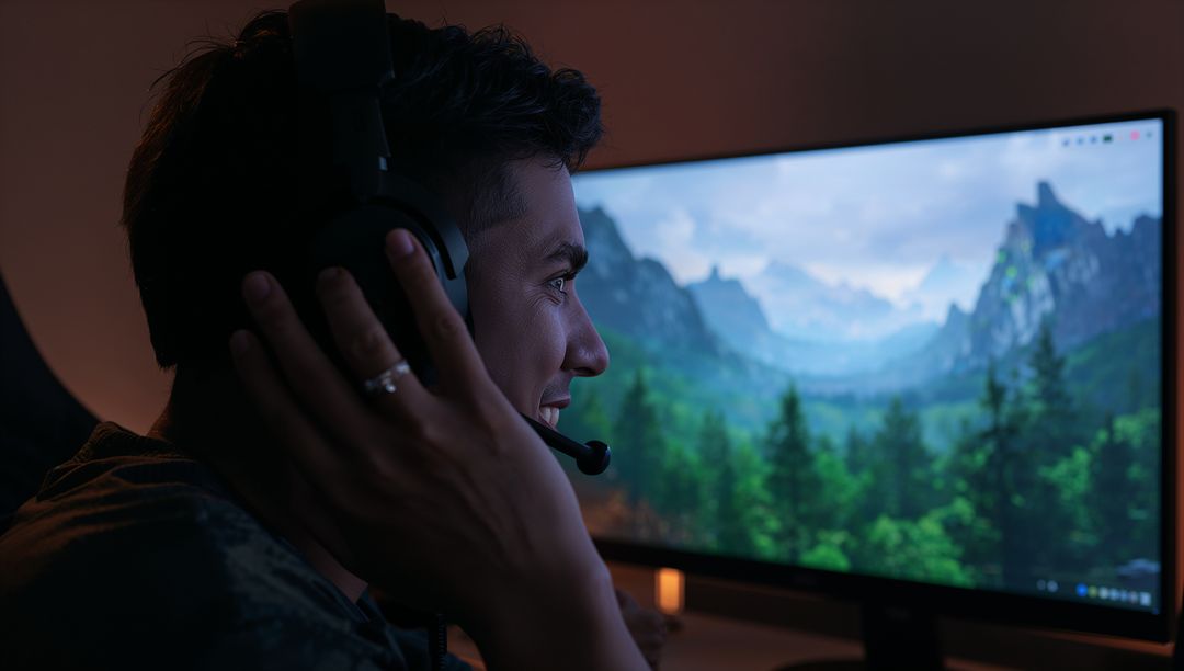 Man adjusting gaming headset while smiling at ultra-wide monitor with mountain landscape