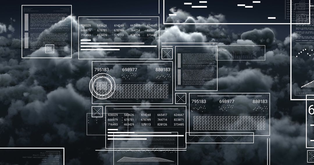 Futuristic Digital Interface Over Dark Clouds