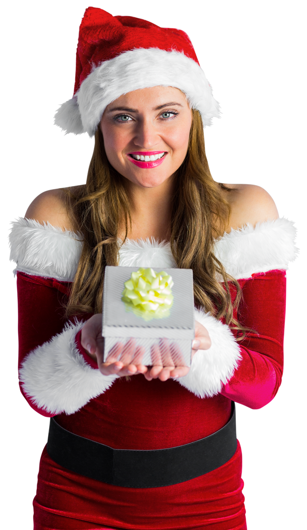 Festive Santa Woman Holding Transparent Gift Box with Cheerful Smile - Download Free Stock Images Pikwizard.com