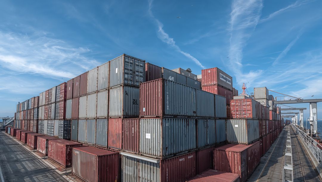 Stacking intermodal containers forming long blocks at seaport terminal with gantry cranes