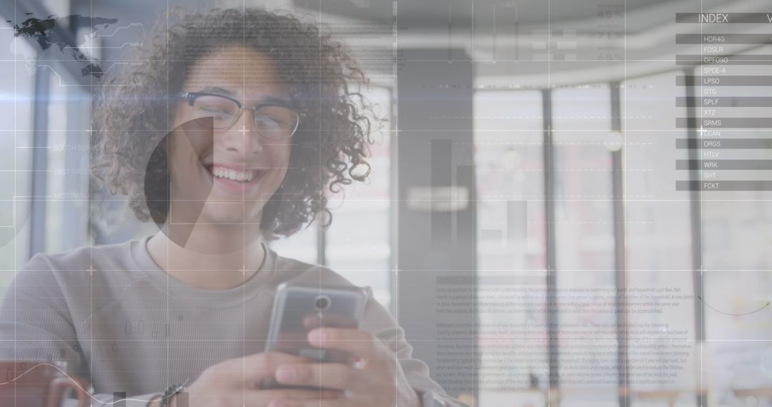 Smiling Man Engaging with Smartphone Amid Digital Holographic Data