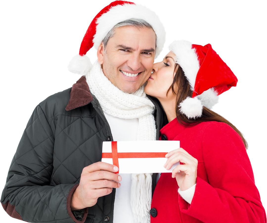 Transparent Couple in Christmas Hats Holding Gift and Sharing Kiss - Download Free Stock Images Pikwizard.com