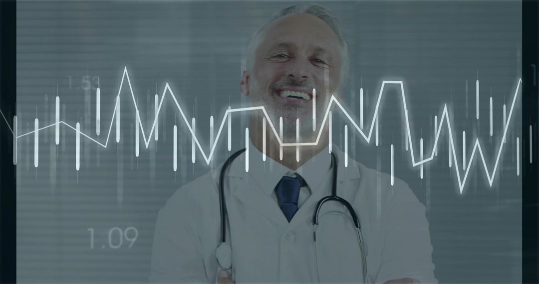 Smiling mature doctor standing with stethoscope and ECG waveform overlay showing clinical confidence