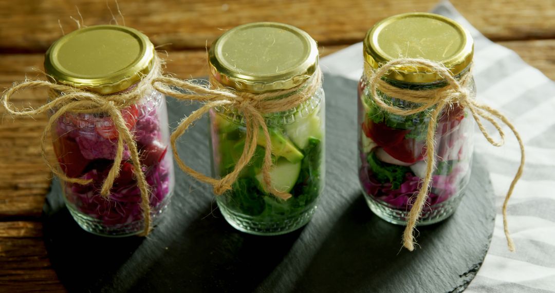 Colorful Vegetable Salads in Jars with Twine on Rustic Surface - Free Images, Stock Photos and Pictures on Pikwizard.com