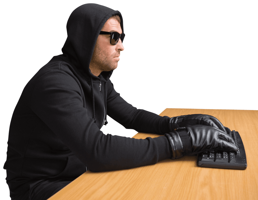 Transparent View of Hacker in Black Hoodie Typing at Desk