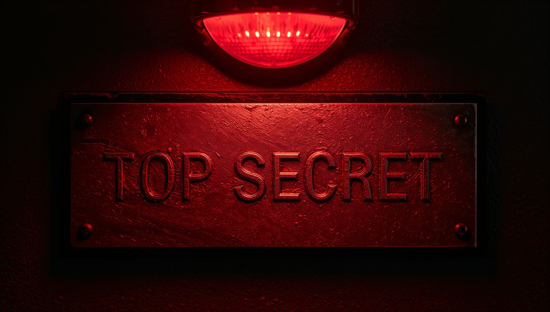 Top Secret Plaque Under Red Warning Light Conveying Danger, Secrecy and High Security