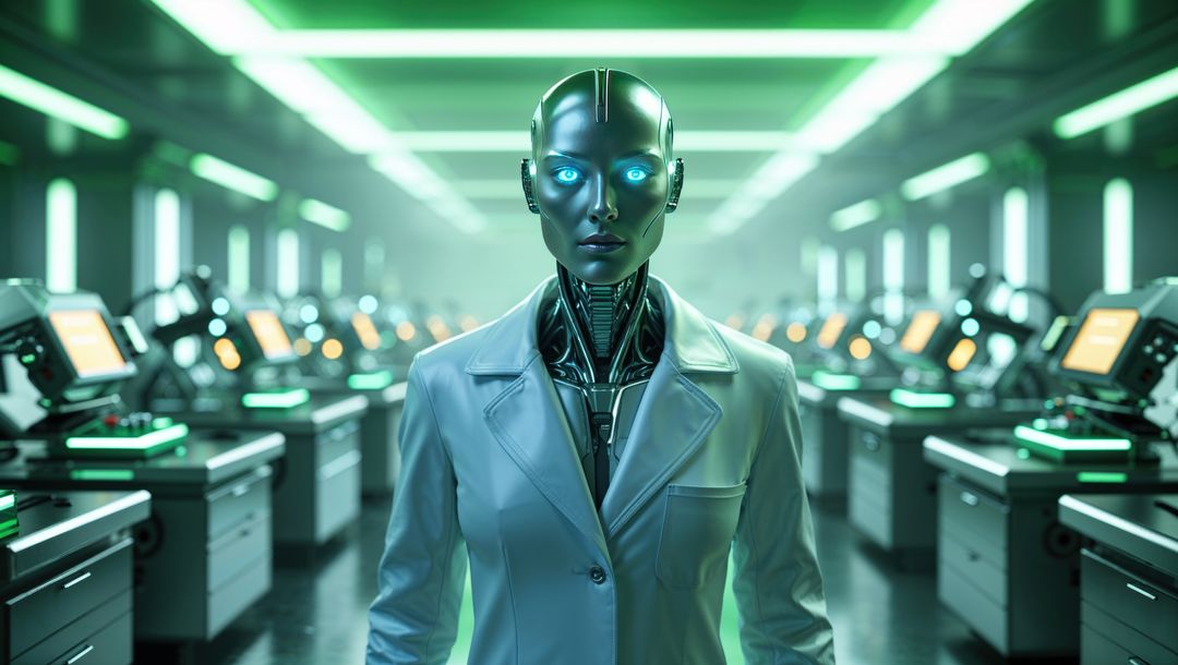 Android in Lab Coat Navigating Futuristic Science Lab