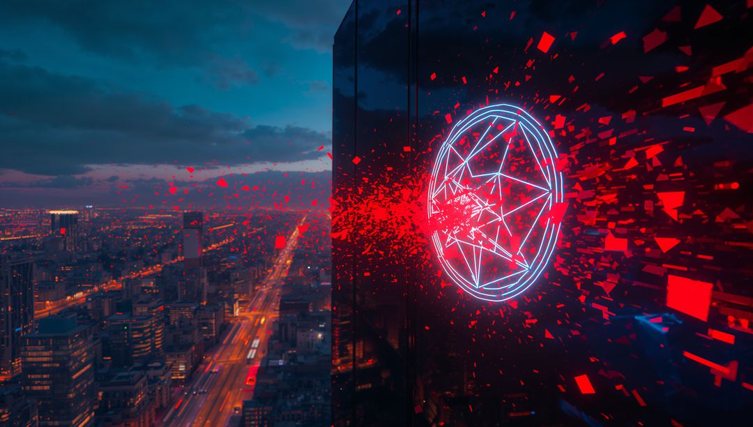Neon sigil shattering on glass skyscraper at twilight, red shards spraying over city skyline