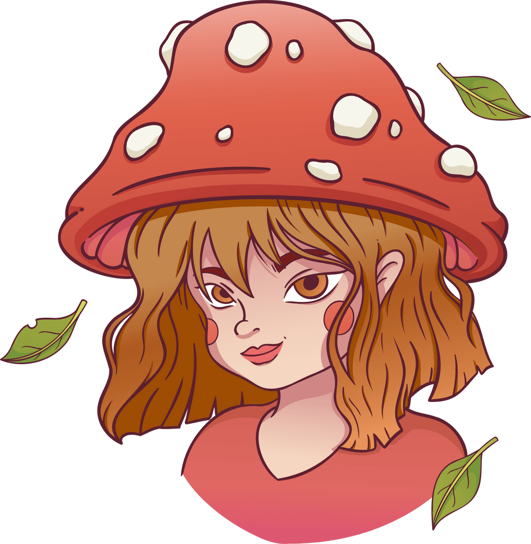 Whimsical Character with Toadstool Hat and Floating Leaves on Transparent Background