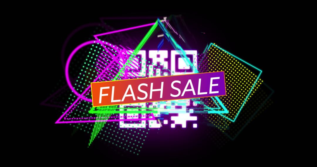Neon Flash Sale Banner with Geometric QR Code Composition