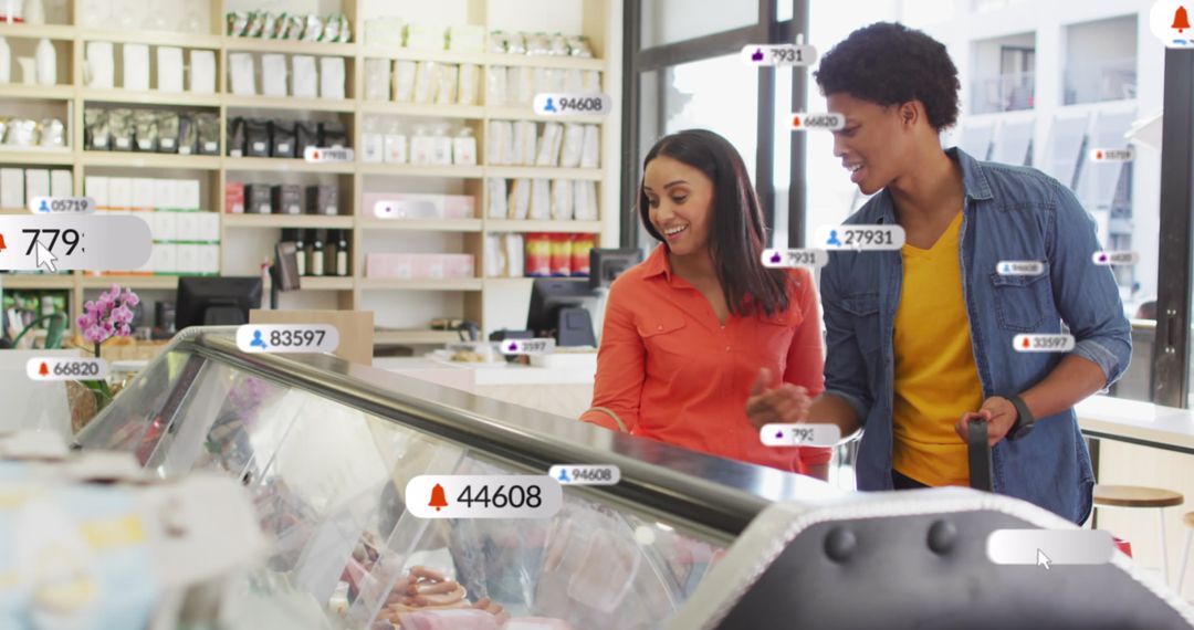 Shoppers Analyzing Products with Digital Data Overlays