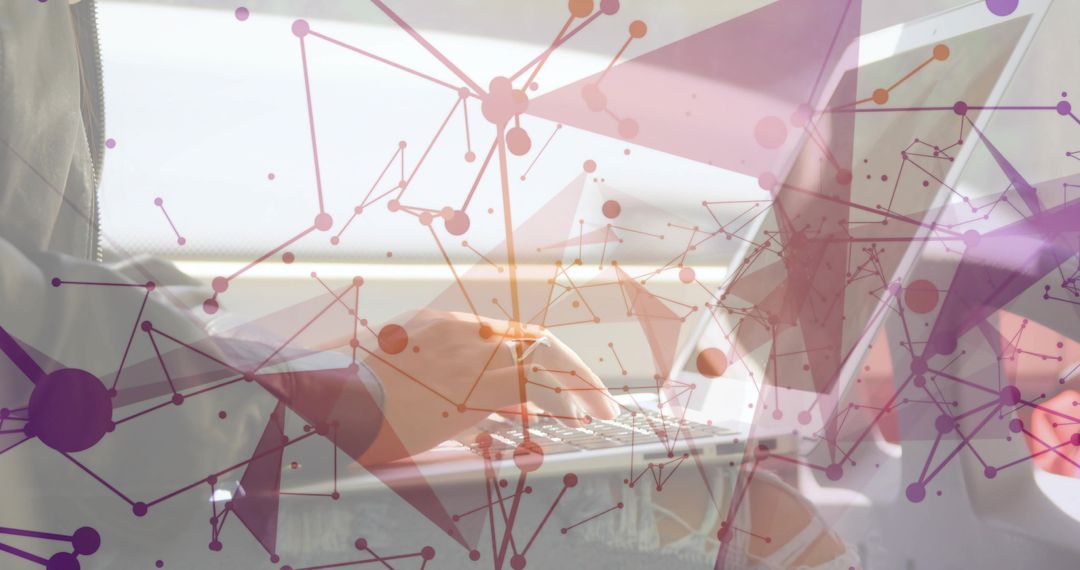 Business Traveler Typing on Laptop with Digital Network Interface