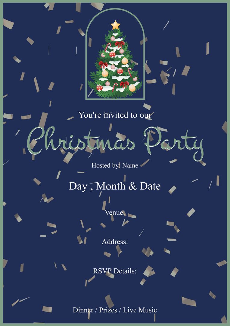 Decorative Christmas Party Invitation Template with Confetti on Navy Background