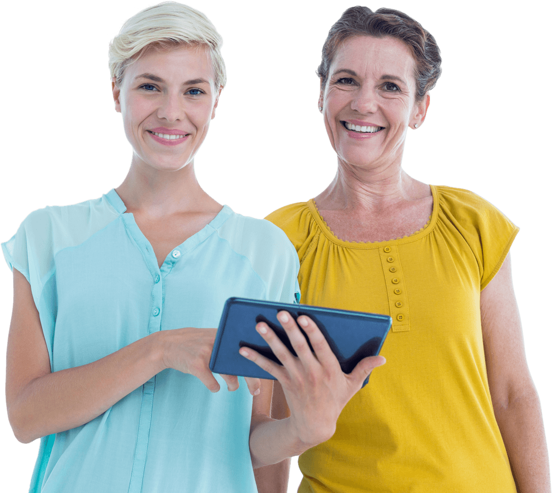 Caucasian Women Collaborating with Tablet on Transparent Background