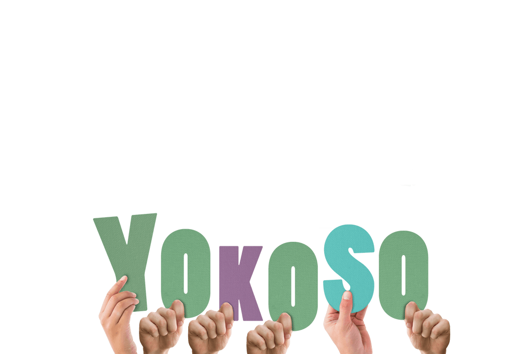 Welcoming Colors: Hands Holding 'Yokoso' Letters Transparent Design