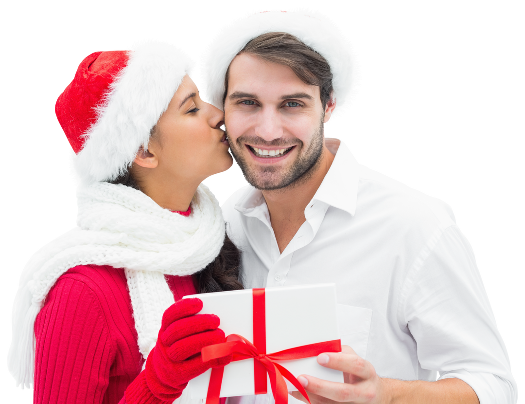 Smiling Couple With Christmas Gift Wearing Santa Hats on Transparent Background - Download Free Stock Images Pikwizard.com