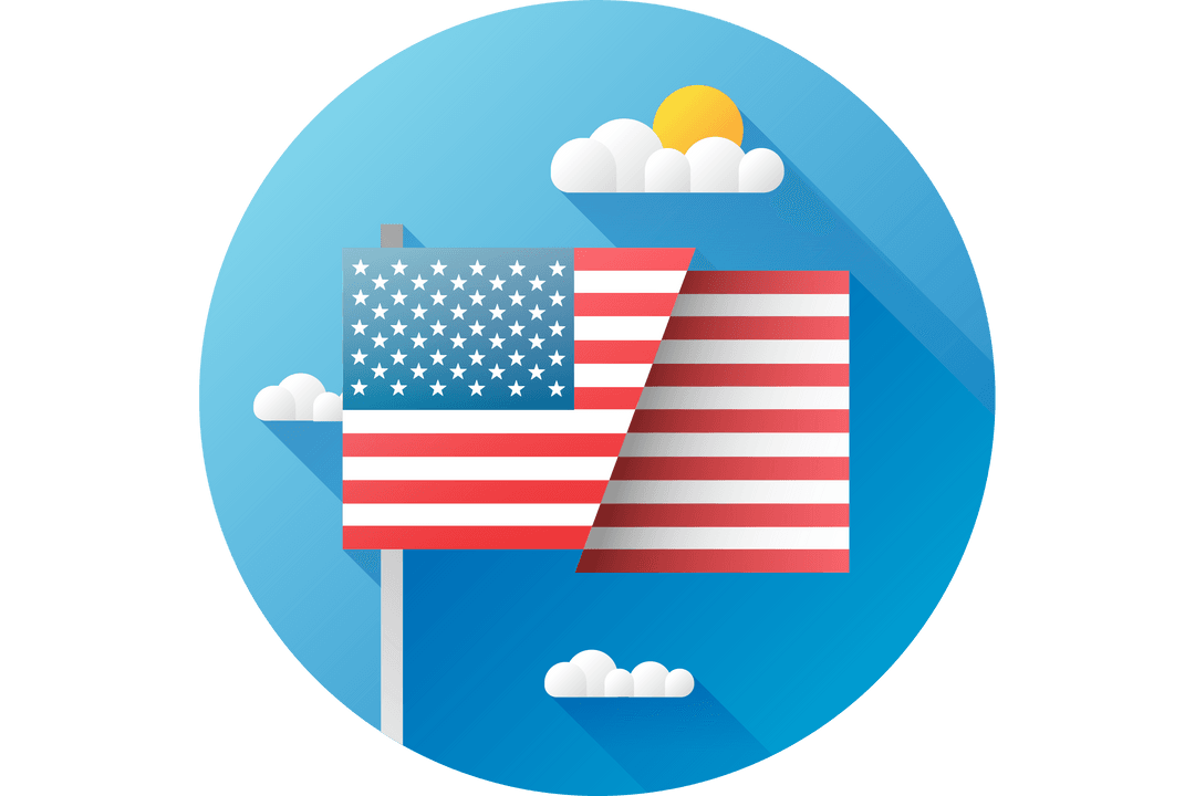 Transparent American Flag Illustration with Sun and Clouds