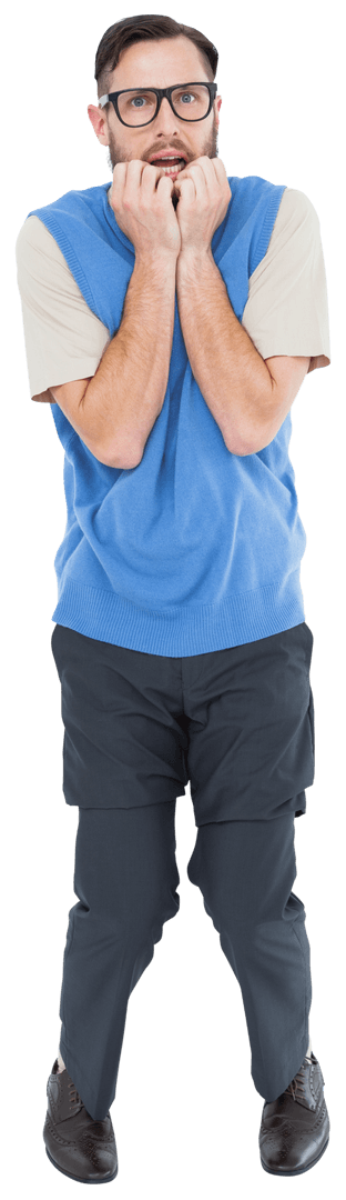 Nervous Geeky Hipster Looking Up in Transparent Background