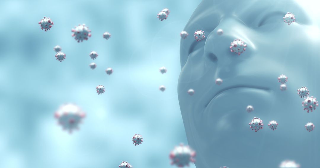 Floating Coronavirus Cells Near 3D Human Model Representation