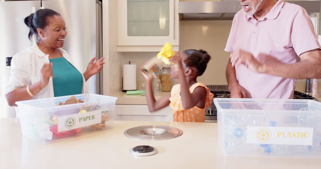 Family Sorting Recyclables Together in Modern Kitchen