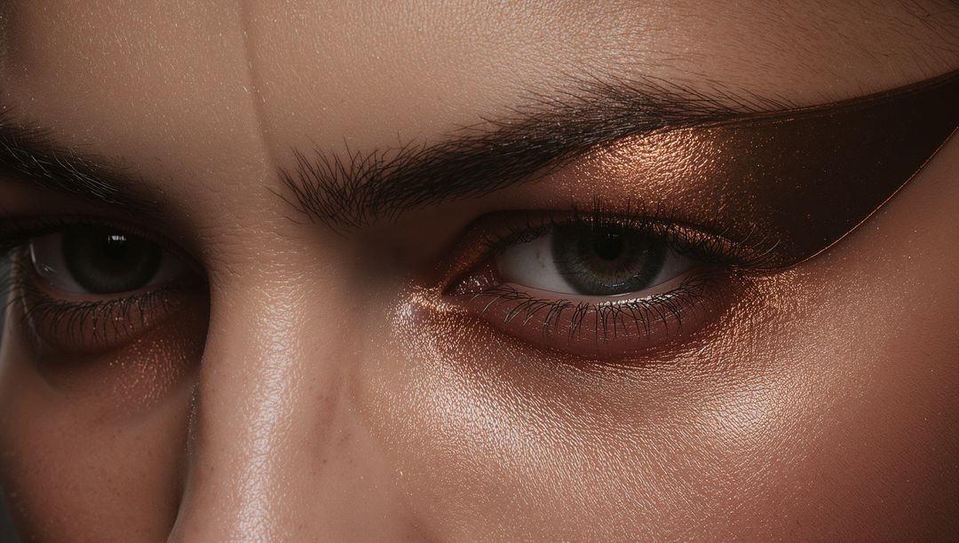 Bronze Metallic Winged Eyeshadow Close-Up Featuring Dewy Skin and Intense Gaze