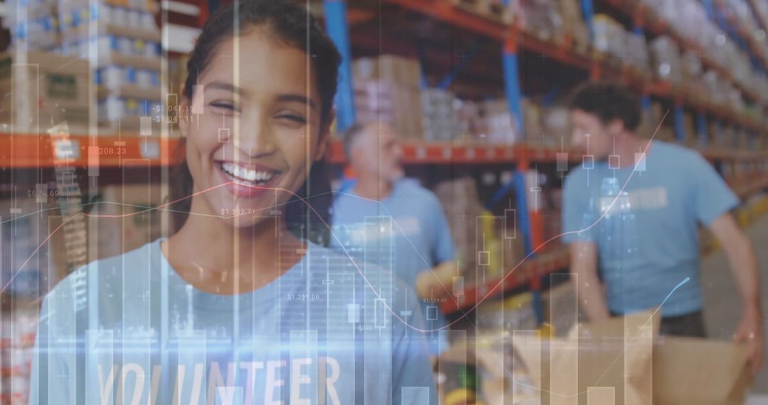 Smiling Volunteer Posing in Busy Warehouse Logistics