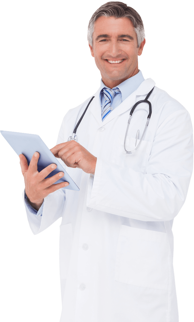 Transparent Smiling Doctor Using Tablet in White Coat
