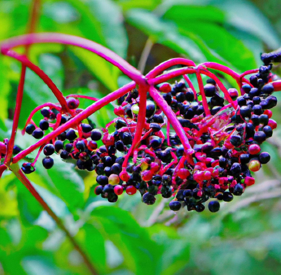 Image of close up of fresh black elderberries growing on tree - Free Images, Stock Photos and Pictures on Pikwizard.com