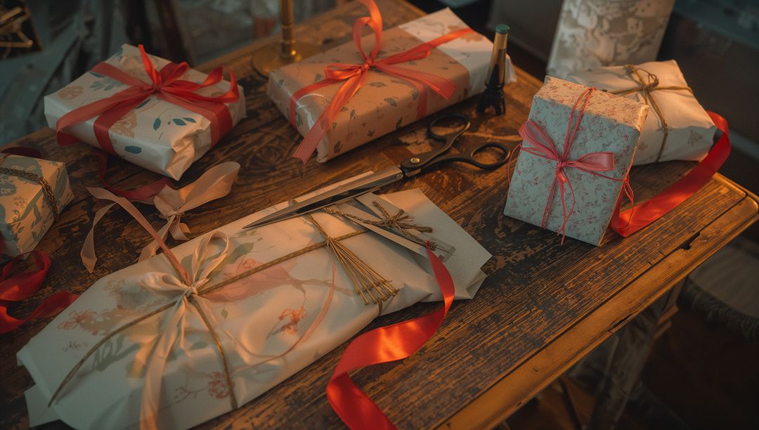 Gift Boxes with Ribbons and Scissors on Wooden Table