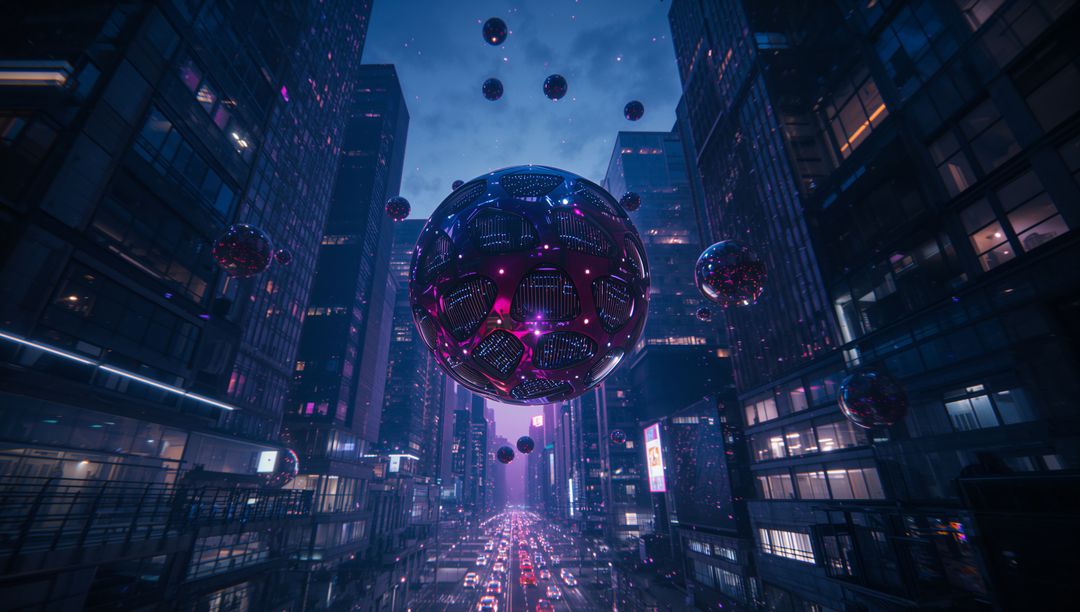 Futuristic Metallic Orb Hovering Over Neon-Lit Street in Cyberpunk City