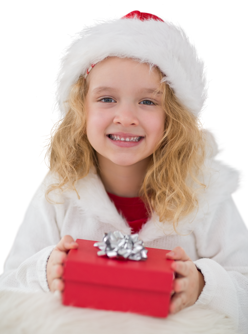 Happy Girl in Santa Hat Holding Gift on Transparent Background - Download Free Stock Images Pikwizard.com