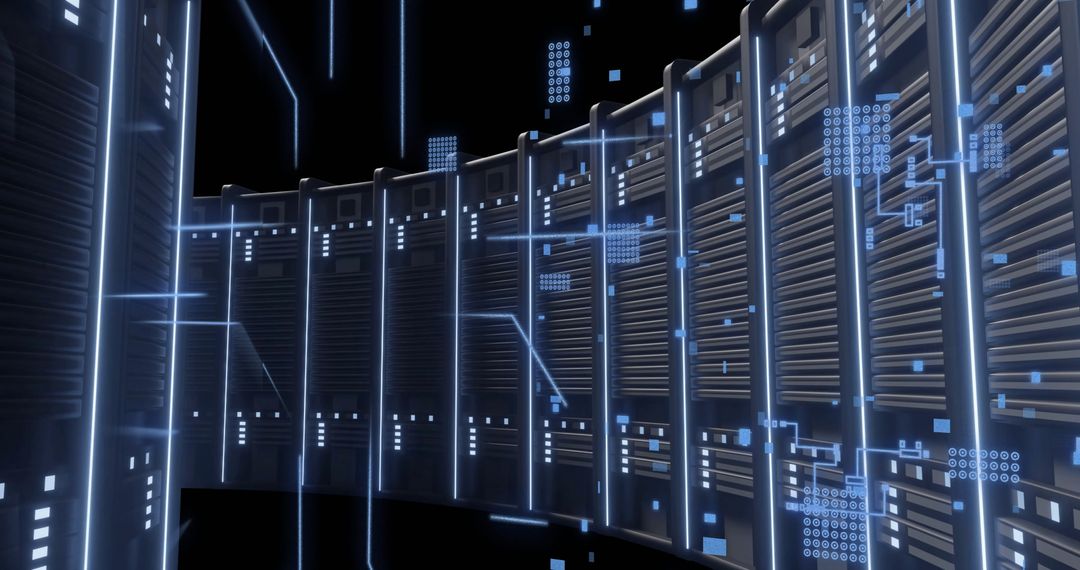 Futuristic Data Center Visualization with Digital Interface