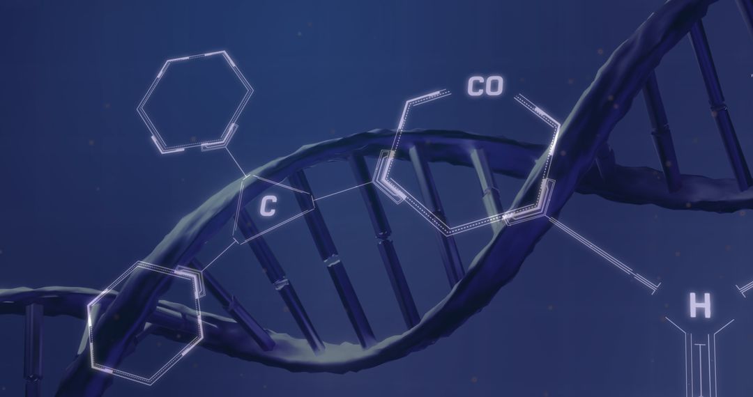 Abstract DNA Strand with Chemical Structures Overlay