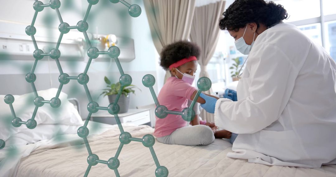 Doctor Vaccinating Young Girl with Molecular Structure Overlaid