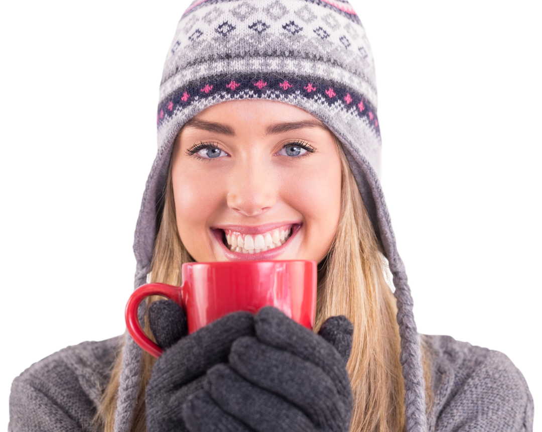 Transparent cheerful blonde woman in winter clothes enjoying hot beverage - Download Free Stock Images Pikwizard.com