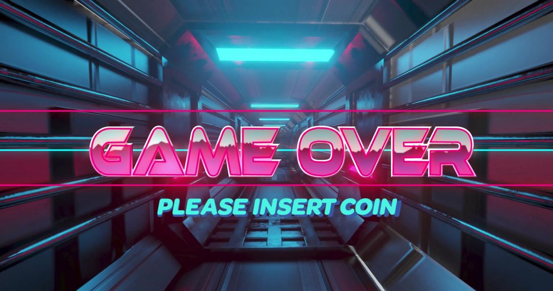 Retro Neon Game Over Screen with Futuristic Tunnel Background