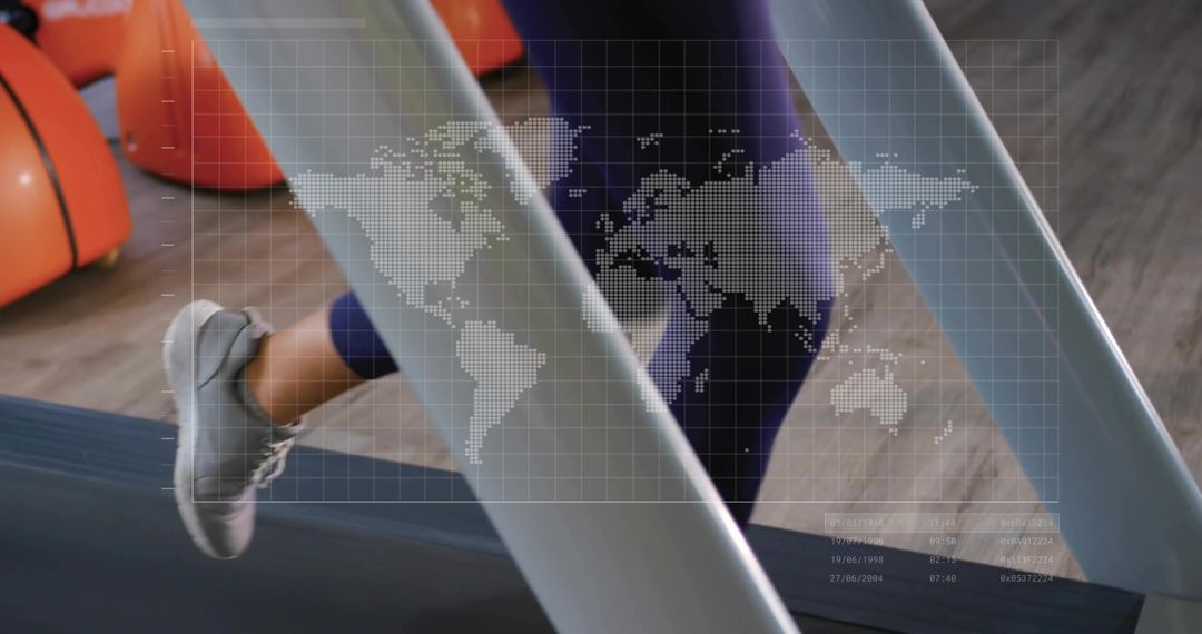Workout Motivation with World Map Digital Overlay on Treadmill