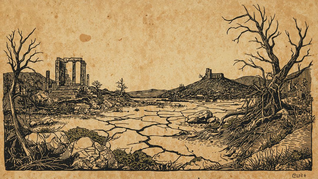 Desolate landscape with earthquake ruins and cracked earth
