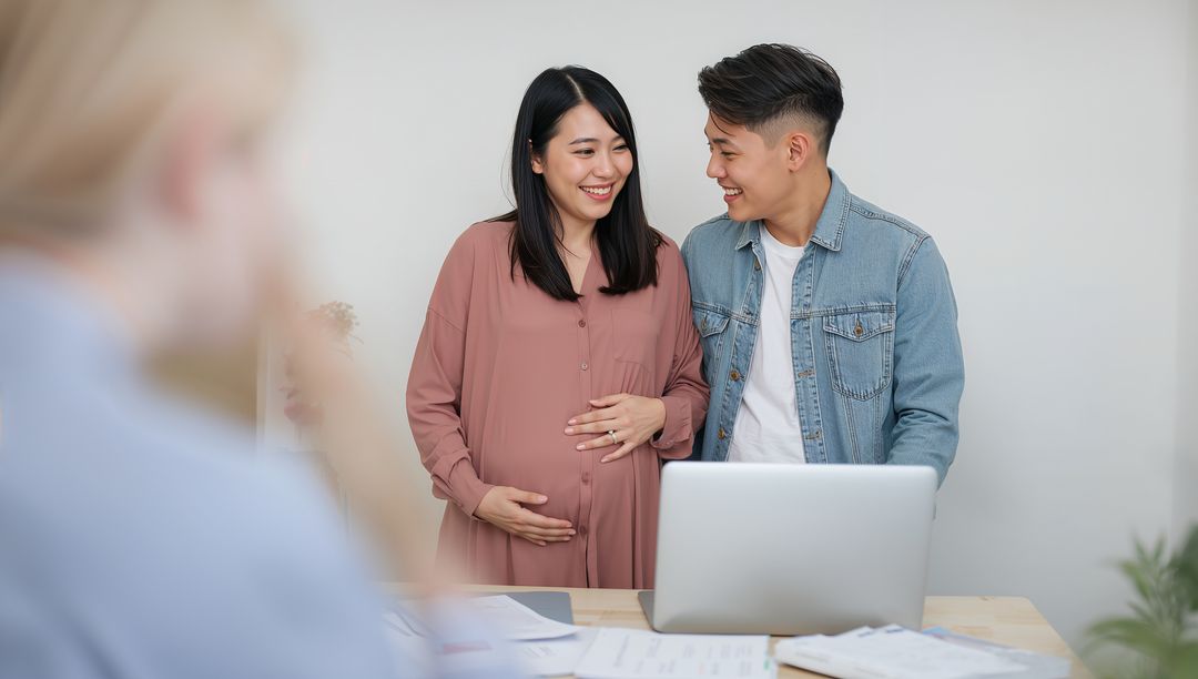 Happy Expectant Couple Collaborating on Parenthood Plans in Office