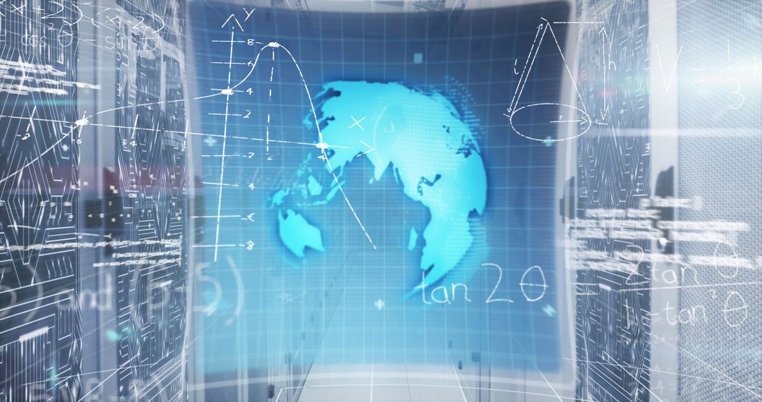 Mathematical Equations Overlaying Data in Modern Server Room